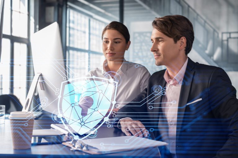 Businessman and businesswoman working together to protect clients confidential information and cyber security. IT hologram padlock icons over office background with panoramic windows